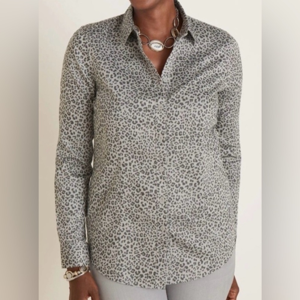 Chico’s No Iron Leopard Print Long Sleeve Button Down Shirt Top -Grey- 3.5/US 18